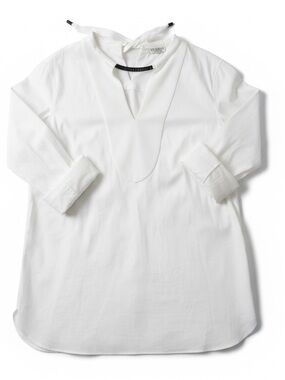 Brunello Cucinelli Italy White Cotton Top with Monili Beaded Drawstring Collar